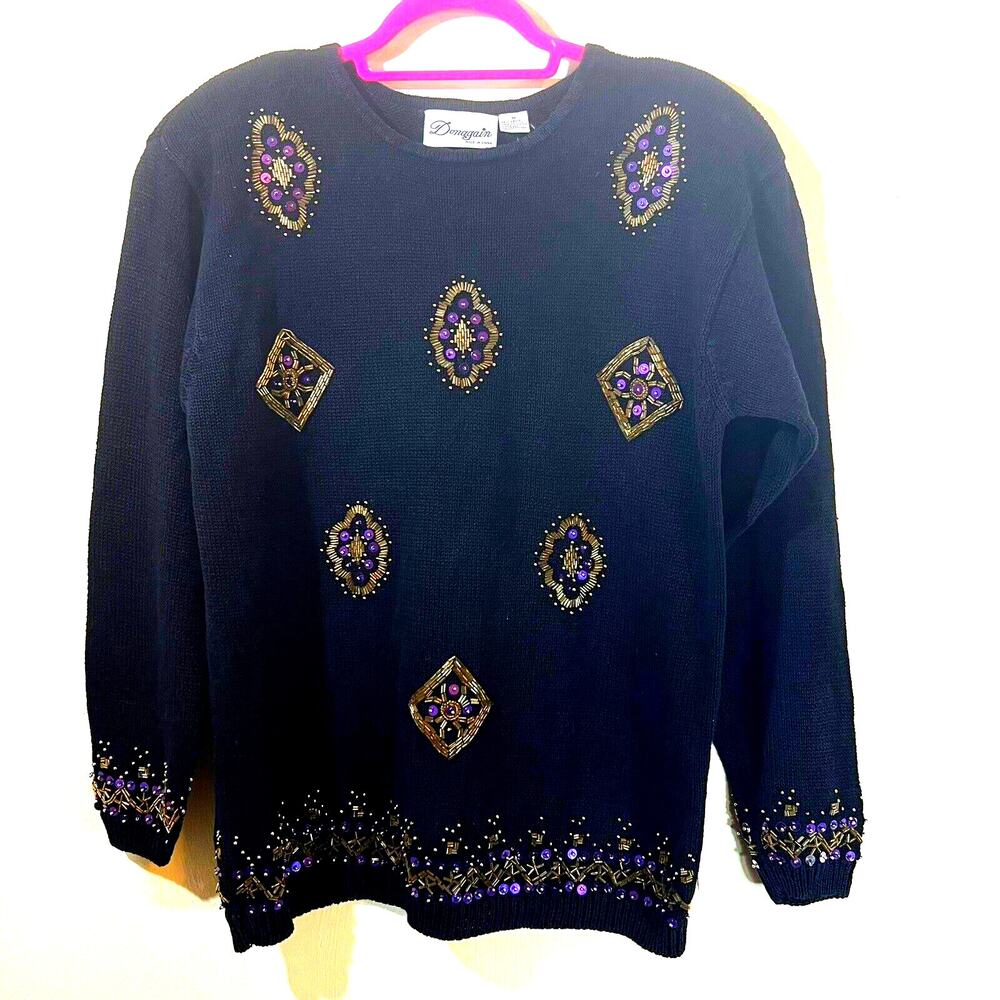 Vintage 80s Sequin Beaded Sweater Glam Retro Statement Holiday Partycore Medium